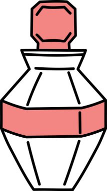 Geometrik tasarımlı ve cesur hatları olan stilize edilmiş bir parfüm şişesi. Konteynır dekoratif kapaklı sofistike bir şekle sahip. Çizgi film vektör illüstrasyonu.