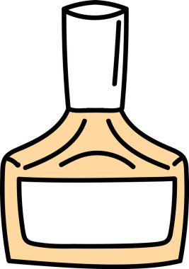 Geniş tabanlı ve uzun şapkalı basit bir parfüm şişesi çizimi. Şişede temiz bir etiket ve pürüzsüz kıvrımlar var. Çizgi film vektör illüstrasyonu.