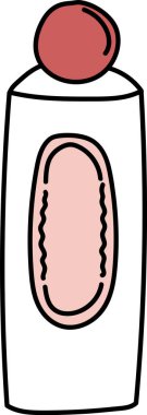 Minimalist sanat tarzında yuvarlak kapaklı basit bir parfüm şişesi. Zarif şekil ve temiz çizgiler modern bir estetik oluşturuyor. Çizgi film vektör illüstrasyonu.