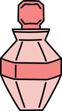 Geometrik şekilli ve cesur hatları olan stilize edilmiş bir parfüm şişesi. Tasarım, temiz çizgileri ve minimalist yaklaşımı olan modern bir estetik içeriyor. Çizgi film vektör illüstrasyonu.