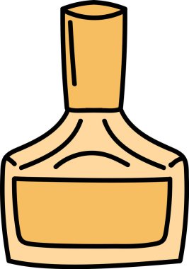 Cesur hatları ve basit şekilleri olan stilize edilmiş bir parfüm şişesi. Grafik, minimalist özellikleri ve pürüzsüz çizgileri olan parlak bir kap tasvir ediyor. Çizgi film vektör illüstrasyonu