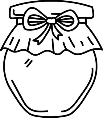 Dekoratif yay ve kumaş kaplı bir kavanozun çizgi sanatı. Minimalist ve kaprisli bir üslupla. Zanaat, DIY ve rustik temalar için mükemmel.