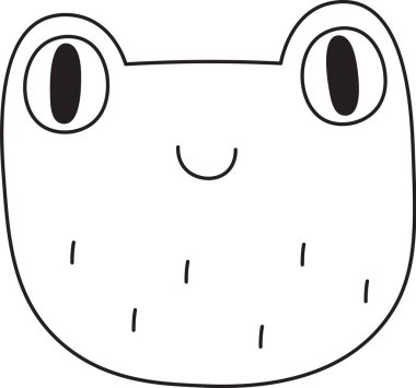 Büyük gözlü kurbağa surat ve minimalist bir sanat tarzında basit bir gülümseme. Basit özellikleri ve şakacı ifadesi olan sevimli bir amfibi karakteri. Çizgi film vektör illüstrasyonu.