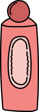 Yuvarlak kapaklı ve oval etiketli basit bir çizgi film tarzında stilize edilmiş bir parfüm şişesi. Şişede modern bir estetik için cesur hatlar ve pürüzsüz bir şekil var. Çizgi film vektör illüstrasyonu.