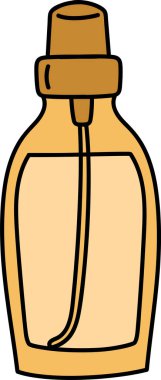 Basit hatları ve minimalist tasarımı olan stilize edilmiş bir parfüm şişesi. Şişe parlak bir şekil ve zarafeti vurgulayan bir pompa başlığı içeriyor. Çizgi film vektör illüstrasyonu.