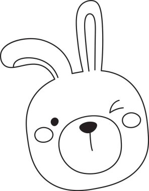 Tek gözlü ve yuvarlak yanaklı bir tavşanın minimalist çizimi. Tavşanlar basit çizgiler ve şakacı ifadeler büyüleyici ve kaprisli bir görünüm yaratıyor. Çizgi film vektör illüstrasyonu.