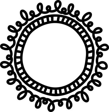 Oyuncu bir sanat tarzında karmaşık karalama kalıplarından oluşan dairesel bir çerçeve. Tasarım kıvrımlı döngüler ve geometrik şekiller ile süslü bir sınır oluşturur. Çizgi film vektör illüstrasyonu.