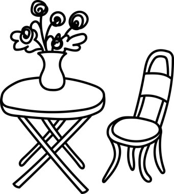 Çiçekli El Çizgisi Tablosu ve Sandalye Vektörü İllüstrasyonu