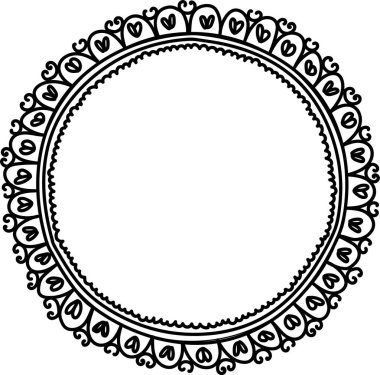 Zarif dantel desenleri ve tuhaf kalp motifleriyle süslü dairesel bir çerçeve. Yuvarlak kenar karmaşık döngüler ve çiçeklerden esinlenilmiş elementlerle süslenmiş. Çizgi film vektör illüstrasyonu.