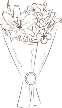 Kağıda sarılmış zambaklar ve çeşitli çiçeklerle dolu bir buket çizgisi. Çiçek düzenlemesi minimalist ve zarif bir şekilde resmedilmiş. Çizgi film vektör illüstrasyonu.