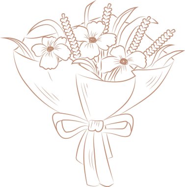 Çeşitli çiçek ve yapraklarla sarılı bir buketin detaylı bir taslağı. Çiçek aranjmanında karmaşık taç yaprakları ve sapları minimalist bir tarzda yer alıyor. Çizgi film vektör illüstrasyonu.