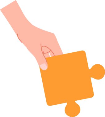 Minimalist tarzda büyük bir yapboz parçasını tutan bir el. Parmaklar birbirine kenetlenmiş bileşeni nazikçe basitçe kavrıyor. Çizgi film vektör illüstrasyonu