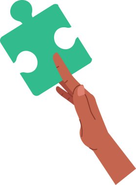 Modaya uygun bir el, yapboz parçasını minimalist bir tarzda nazikçe tutuyor. Parmaklar birbirine kenetlenmiş bir şekli nazikçe kavrayıp hassasiyeti ve odaklanmayı iletir. Çizgi film vektör illüstrasyonu.