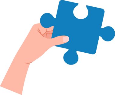 Minimalist tarzda bir yapboz parçasını tutan bir el. Parmaklar basit ve temiz sanatta bir yapboz parçasına tutunur. Çizgi film vektör illüstrasyonu