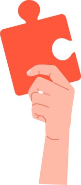 Minimalist tarzda bir yapboz parçasını tutan bir el. Parmaklar, basit ve temiz bir tasvirde bir yapboz parçasını tutarlar. Çizgi film vektör illüstrasyonu.