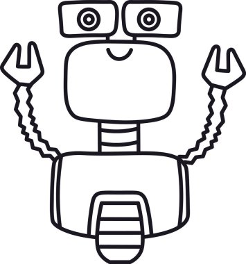 Kare gözlü neşeli bir robot ve basit bir sanat tarzında anten benzeri kolları var. Dikdörtgen gövdeli ve eklemli bacaklı gülen mekanik figür. Çizgi film vektör illüstrasyonu.