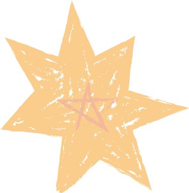 Kabataslak, sanatsal bir stil gösteren desenli pastel boyalarla çizilmiş bir yıldız. Çizim, pürüzlü çizgilerle yapılmış biçimlendirilmiş göksel bir şekli tasvir ediyor. Çizgi film vektör illüstrasyonu.