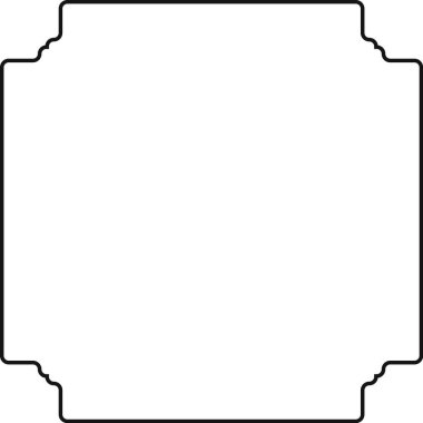 Minimalist tarzda karışık köşeli detaylara sahip zarif kare bir çerçeve. Tasarım, karmaşık bir sınır oluşturan simetrik kalıplara sahiptir. Çizgi film vektör illüstrasyonu.