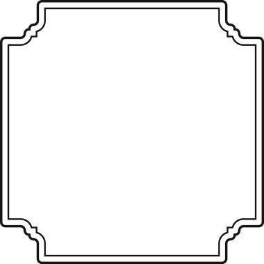 Süslü, eğri köşeli, minimalist çizgi sanatı tarzında simetrik kare bir çerçeve. Sınır, klasik, dekoratif bir görünüm yaratan karmaşık köşe şekilleri içeriyor. Çizgi film vektör illüstrasyonu.