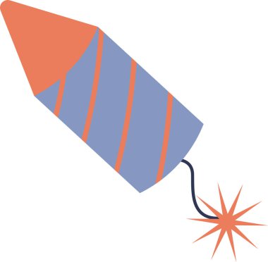 Çizgili bir çizgi film roketi ve minimalist tarzda yanan bir fitil. Resimde parlayan bir kıvılcımla fırlatmaya hazır silindirik bir havai fişek tasvir ediliyor. Çizgi film vektör illüstrasyonu.