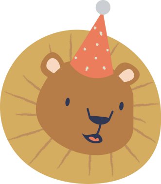 Neşeli bir aslan basit bir karikatür tarzında parti şapkası takıyor. Oyuncu hayvan çizimi, tuhaf bir dokunuşla gülümseyen bir yüze sahiptir. Çizgi film vektör illüstrasyonu.