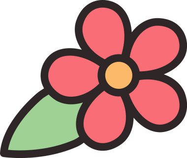 Beş yapraklı bir karikatür çiçeği ve kalın çizgilerle çizilmiş tek bir yaprak. Çiçek tasarımı minimalisttir ve eğlenceli bir stile sahiptir. Çizgi film vektör illüstrasyonu.