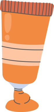 Çizgi film tarzı bir resim. Çizgili ucu ve çizgili şapkası olan bir boya tüpü. Sanatsal tasvirde sıkışık bir kap ve oyuncu bir tasarım var. Çizgi film vektör illüstrasyonu.