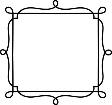 Dekoratif döngüleri ve kıvrımları olan karmaşık bir çizgi kare çerçeve. Süslü tasarım hassas girdaplarla simetrik bir sınır oluşturuyor. Çizgi film vektör illüstrasyonu.