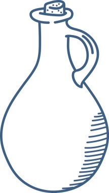 Uzun bir şişenin mantarlı basit bir çizimi ve minimalist tarzda sapı. Şişe ince detaylar ve gölgelerle özetlenmiş. Çizgi film vektör illüstrasyonu.