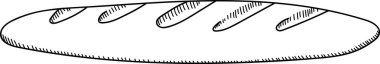 Minimalist tarzda çapraz kesikli bir baget ekmeğinin ayrıntılı bir taslağı. Çizim, sade bir hatla rustik ekmeğin özünü yakalıyor. Çizgi film vektör illüstrasyonu.