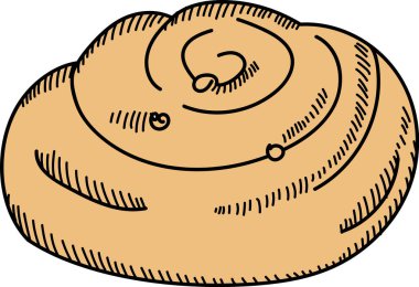 Dönen desenli ve dokulu çizgileri olan tarçınlı rulonun detaylı bir taslağı. Pastırma spiral tasarımı karmaşık çizgi çalışması ve gölgelendirme ile vurgulanır. Çizgi film vektör illüstrasyonu.