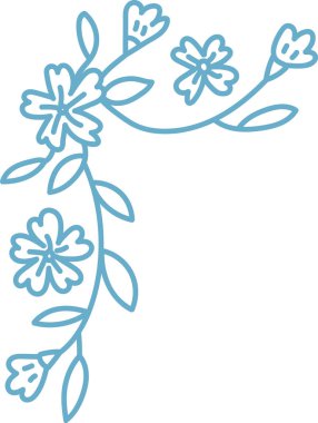 Basit bir çiçek deseni, ana hatları çizilmiş çiçekler ve yapraklar köşedeki düzende. Zarif çiçekler ve yapraklar zarif bir sınır tasarımı oluşturur. Çizgi film vektör illüstrasyonu.