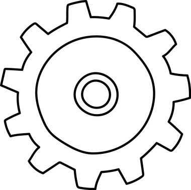 Birden fazla dişi olan bir vites, temiz ve cesur bir taslak şeklinde tasvir edilir. Çark, merkezi bir daire ve çevreleyen tellerle minimalist bir biçimde gösterilir. Çizgi film vektör illüstrasyonu.