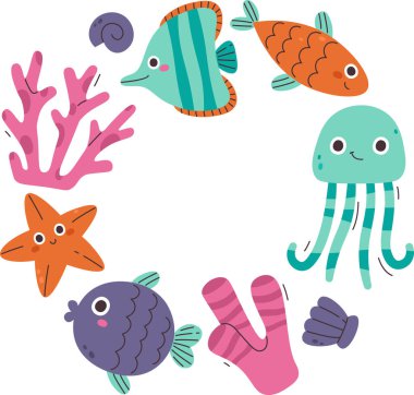 Denizanası, balık, denizyıldızı ve mercanla düzenlenmiş tuhaf bir sahne. Oyuncu deniz hayvanları dairesel bir kompozisyonda deniz bitkileri ve deniz kabuklarıyla çevrilidir. Çizgi film vektör illüstrasyonu.