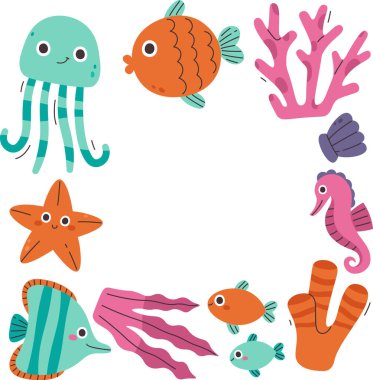 Denizanası, balık, denizyıldızı ve mercanla düzenlenmiş tuhaf bir sahne. Oyuncu deniz hayvanları dairesel bir kompozisyonda deniz bitkileri ve deniz kabuklarıyla çevrilidir. Çizgi film vektör illüstrasyonu.