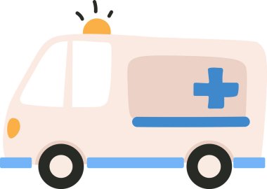 Çocuksu bir çizimde üzerinde artı işareti olan bir ambulans görülüyor. Tıbbi araç çocuklar için basit ve eğlenceli bir şekilde tasvir edilir..