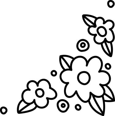 Çiçekler ve yapraklar basit bir çizgi çizme tarzında bir köşe kenarı oluşturur. Güzel çiçekler ve yapraklar büyüleyici bir çerçeve oluşturur. Çizgi film vektör illüstrasyonu