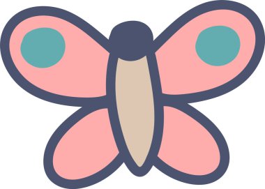 Düz bir kelebek cesur dış hatları ve pastel tonlarıyla tasvir edilir. Böceklerin vücudu ve kanatları basit şekilleri ve minimalist estetiği içerir. Çizgi film vektör illüstrasyonu