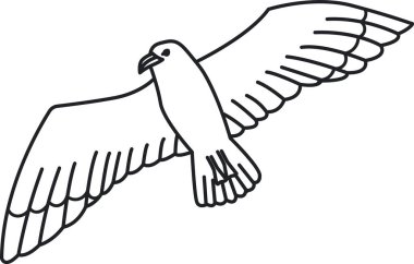 Basit bir çizgi çizimi, kanatlarını açarak minimalist bir tarzda süzülen bir kuşun. Zarif bir kuş formu temiz ve dağınık bir hatla havada süzülür. Çizgi film vektör illüstrasyonu.