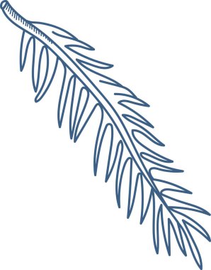 Tek bir palmiye yaprağı minimalist çizim tarzıyla tasvir edilir. Bu botanik skeç, basit bir doğa görüntüsü sunan narin ve narin broşürlerle dolu bir gövde sergiliyor. Çizgi film vektör illüstrasyonu