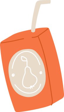 Armut grafikli meyve suyu kutusu ve sade, düz bir pipet. Kutuda minimalist armut çizimi ve pipet var. Çizgi film vektör illüstrasyonu.