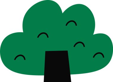 Yuvarlak bir gölgelik ve gülümseyen yüzlü minimalist bir şekilde çizilmiş bir ağaç. Gövde, neşeli ifadeleri gösteren kıvrımlı çizgilerle sağlamdır. Çizgi film vektör illüstrasyonu.