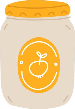 Minimalist tarzda elma amblemi içeren kapaklı basit bir kavanoz. Kabın yüzeyinde dekoratif bir meyve sembolü var. Çizgi film vektör illüstrasyonu.