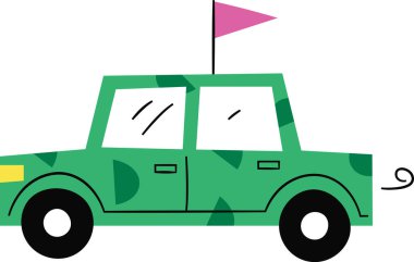 Üstünde pembe bir bayrak ve basit bir çizgi film tarzında kıvrımlı egzoz egzozu olan bir kutu araba. Aracın geometrik desenleri ve ona eğlenceli bir görünüm veren kalın çizgileri var. Çizgi film vektör illüstrasyonu.