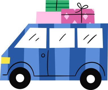 Geometrik şekilli bir araba çatıda eğlenceli bir şekilde hediyeler taşır. Araç, şenlikli bir yolculuğu vurgulayan istiflenmiş paketlerle tasvir ediliyor. Çizgi film vektör illüstrasyonu.