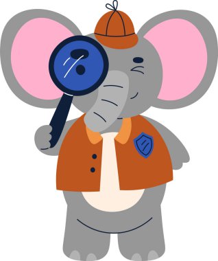 Dedektif gibi giyinmiş bir fil elinde büyüteçle oyuncu bir çizgi film tarzında. Karakter şapka ve rozet takıyor, garip bir dedektif temasını somutlaştırıyor. Çizgi film vektör illüstrasyonu.