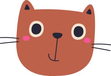 Kedi kafası düz, minimalist tarzda basit çizgiler ve şekillerle gösterilir. Evcil hayvanların neşeli ifadeleri temel özellikler ve yuvarlak bir form ile sunuluyor. Çizgi film vektör illüstrasyonu