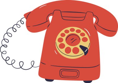 Kırmızı bir döner telefon, kalın ve düz bir şekilde tasvir edilen bobinli bir kabloyla gösterilir. Görüntü, dairesel arama ve alıcısı olan eski moda bir telefon enstrümanı gösteriyor..