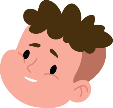 Genç erkeklerin yüzü basit bir çizgi film stiliyle sunulur. Koyu renk saçlı. Portre, neşeli genç bir insanı tasvir eden yuvarlak bir yüzdeki hoş bir ifadeyi gösteriyor. Çizgi film vektör illüstrasyonu