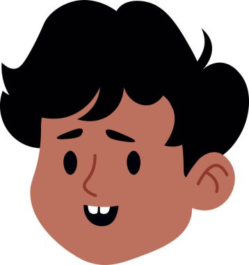 Genç bir çocuğun kafası basit bir çizgi film tarzında gösteriliyor koyu saçlı ve neşeli bir ifadeyle. Bu hoş görüntü, arkadaş canlısı görünümlü neşeli bir yüzü tasvir ediyor. Çizgi film vektör illüstrasyonu